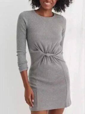 Gray Ribbed Twist Front Pullover Long Sleeved Mini Dress, aerie